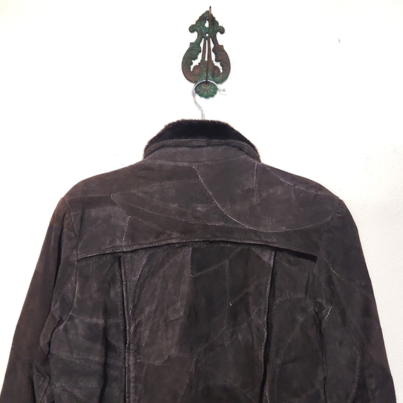 Leather Works Vintage Genuine Leather Patchwork Faux Fur Trim  Brown Size Small - Picture 6 of 12